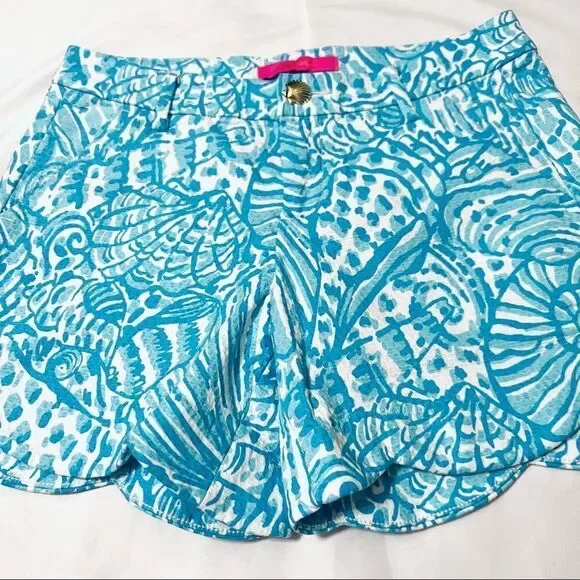 LILLY PULITZER PALMITA STRETCH SHORTS SUCCULENT BLUE SHELL BUTTON SIZE 00 NEW